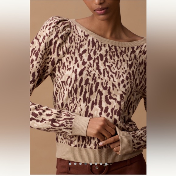 NWOT Anthropologie Maeve Brown Animal Print Puff Sleeve Pullover Sweater - Picture 2 of 12